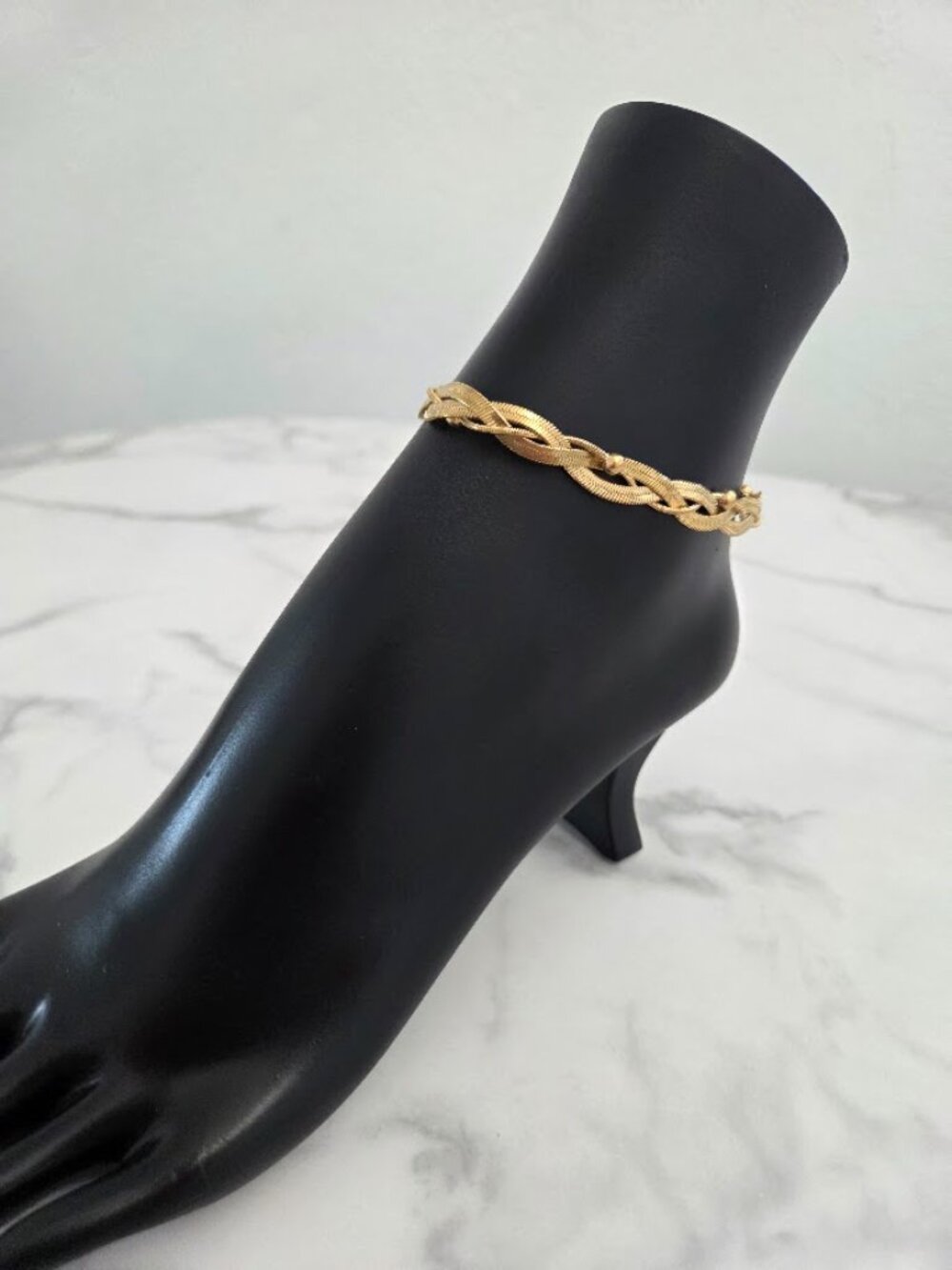Vintage Gold Braided Herringbone Anklet Chevron Chain Anklet with Beads - Picture 5 of 12